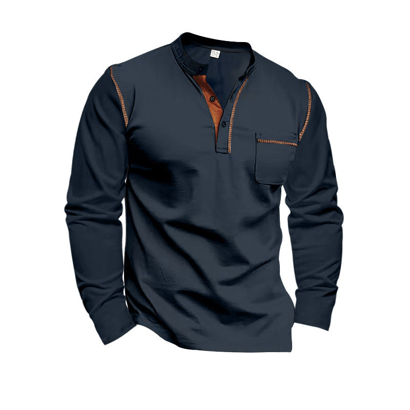 Men's long sleeve shirt with mandarin collar, chest pocket, and contrast decorative seams StylebySassy