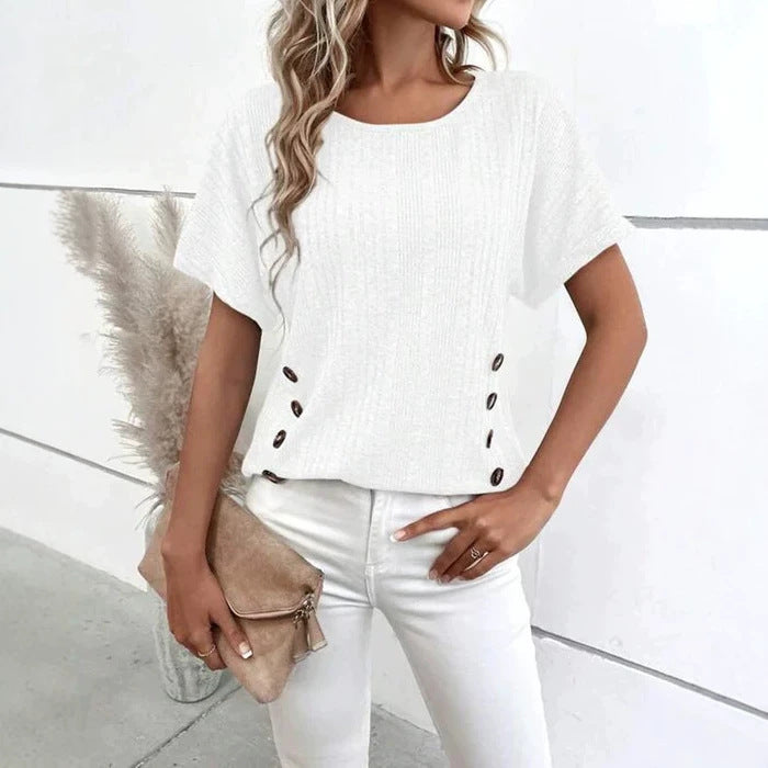 Ladies' knitted fine rib top with round neck and side decorative button placket StylebySassy