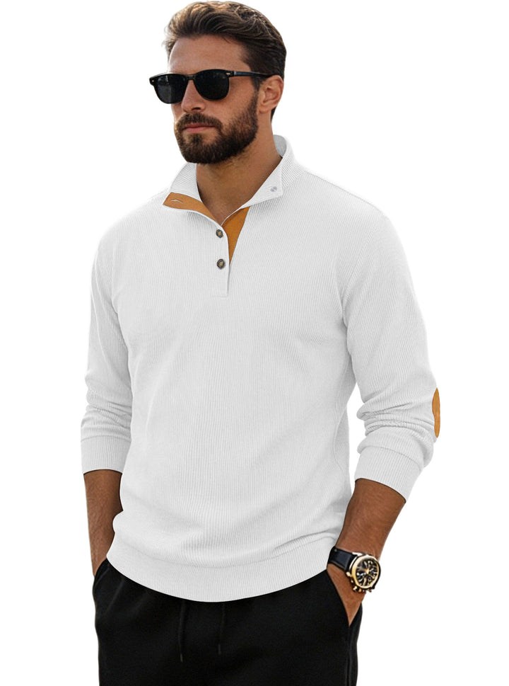 Men's fine ribbed knitted pullover with polo collar button placket and elbow patch StylebySassy