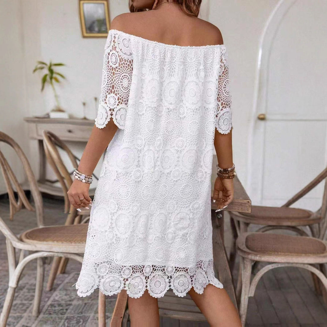 Women's off-shoulder crochet midi dress with sweetheart neckline and floral lace trim StylebySassy