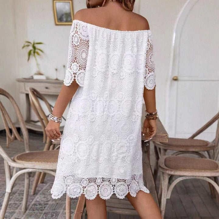 Women's off-shoulder crochet midi dress with sweetheart neckline and floral lace trim StylebySassy