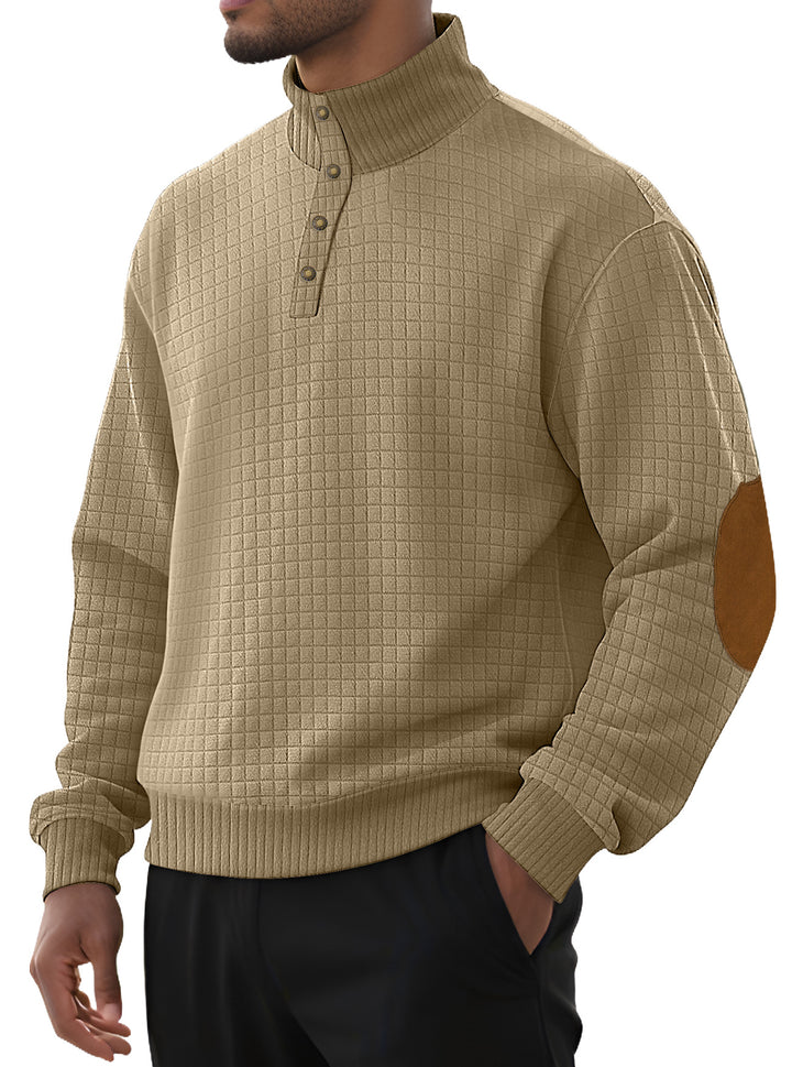 Men's plaid quilted sweatshirt with Henley placket, high stand-up collar, and velour elbow patches StylebySassy