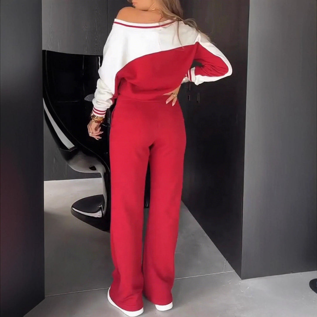 Women's sporty-elegant two-piece set made of cotton blend with V-neck sweatshirt and high-cut flared pants StylebySassy
