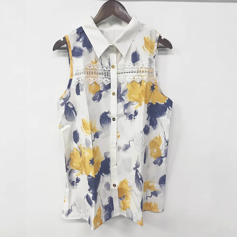 Women's satin imitation button-down top with lace yoke and pearl button placket StylebySassy