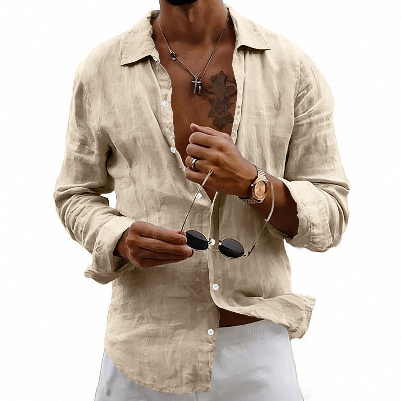 Men's airy relaxed linen shirt with open lapel, rounded hem, and roll-up sleeves StylebySassy