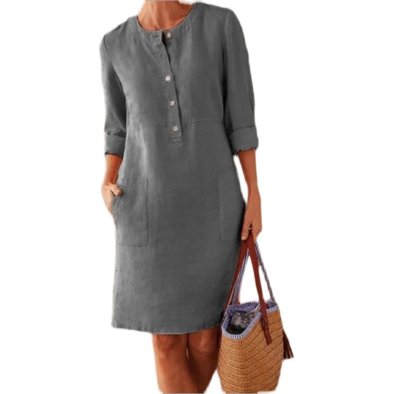 Women’s Lightweight Linen Dress with Practical Pockets and Trendy Button Design StylebySassy