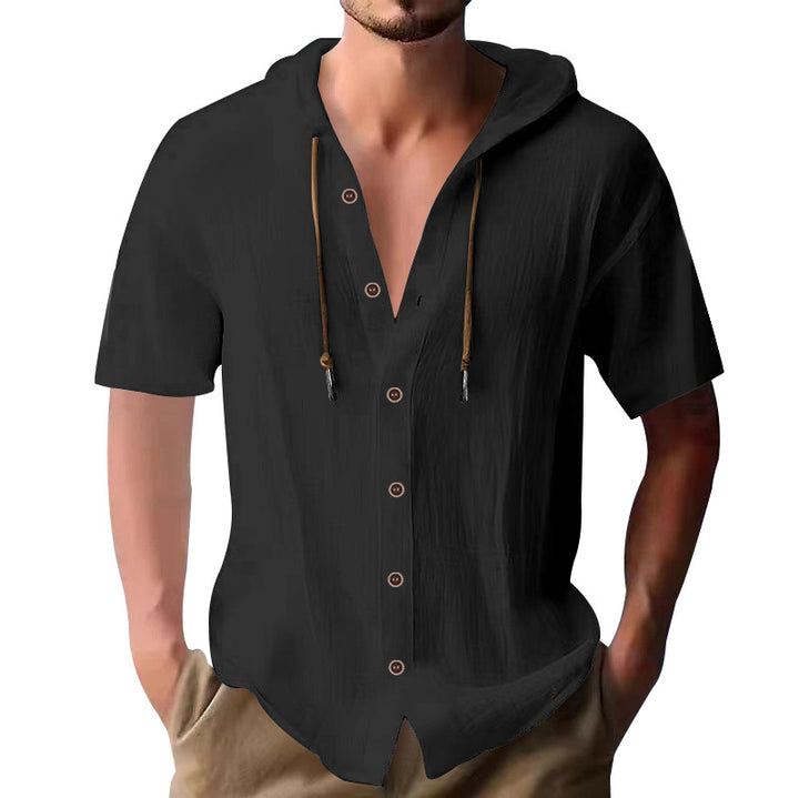Men's lightweight short-sleeve hooded shirt with button placket and breathable cotton blend StylebySassy