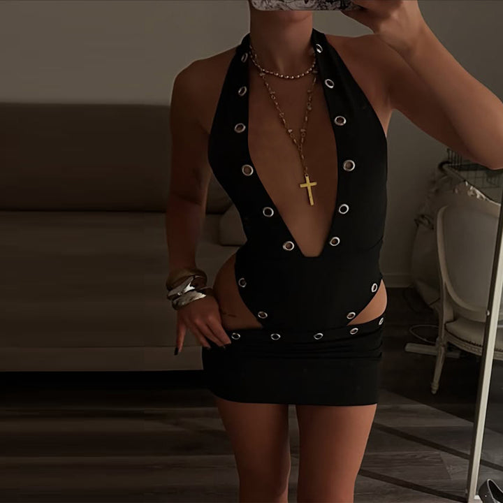 Women Figure-Flattering Mini Dress with Deep V-Neck and Button Details StylebySassy