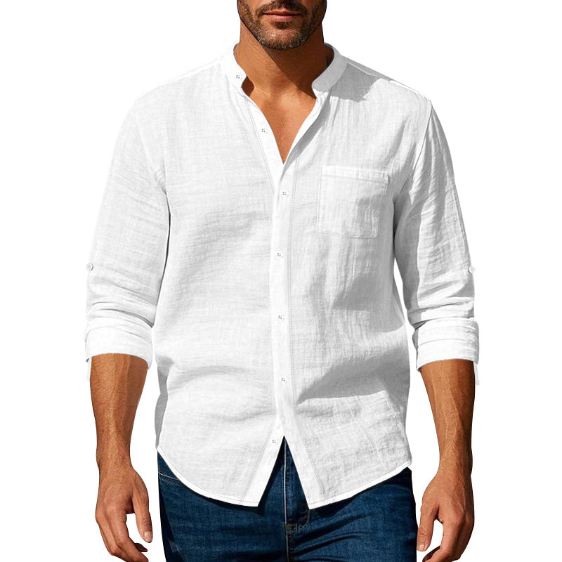 Men's linen-cotton shirt with stand-up collar, roll-up sleeves, and chest pocket StylebySassy