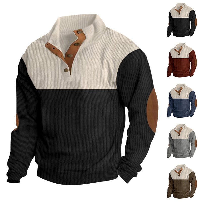 Men's ribbed Henley knit pullover with stand collar contrast yoke and elbow patches StylebySassy