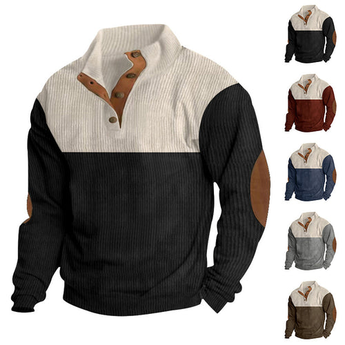 Men's ribbed Henley knit pullover with stand collar contrast yoke and elbow patches StylebySassy