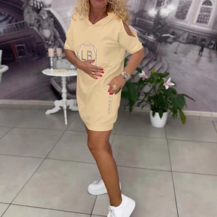 Women nan sporty hoodie tunic dress with shoulder cutouts and logo print StylebySassy