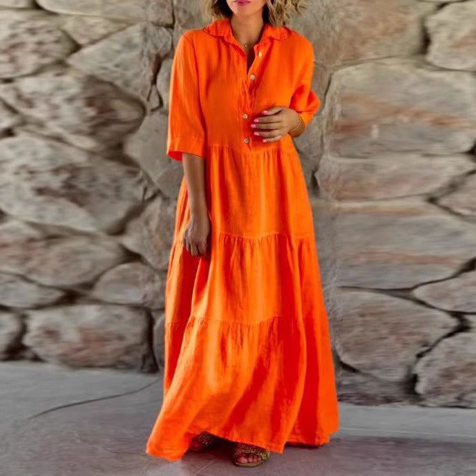 Women's summer linen blend tiered maxi dress with shirt collar, gathered waist and elbow-length sleeves StylebySassy