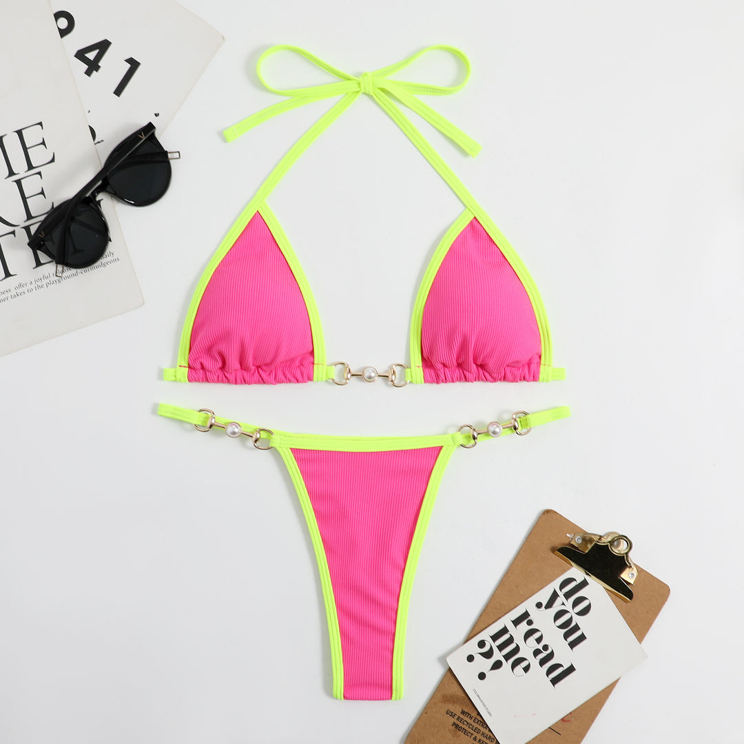 Women's triangle bikini with fashionable ribbed design and decorative elements StylebySassy