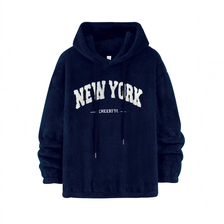 Unisex nan cozy plush hoodie with chenille logo, hood and elastic hem StylebySassy