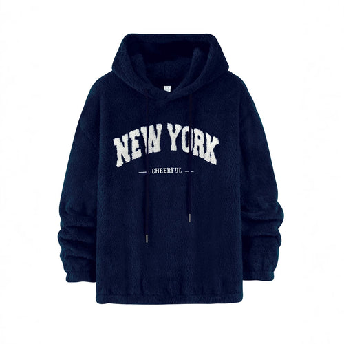 Unisex nan cozy plush hoodie with chenille logo, hood and elastic hem StylebySassy