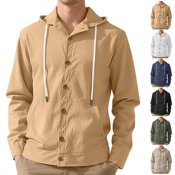 Men's lightweight hoodie jacket with button placket, kangaroo pocket, and drawstring StylebySassy