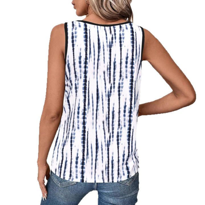Women's sleeveless V-neck top with fine lace trim, vertical tie-dye print, and relaxed fit StylebySassy