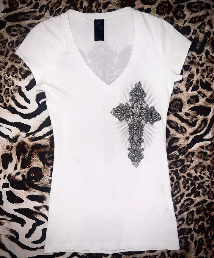 Women V-Neck T-Shirt with Artistic Cross Design StylebySassy