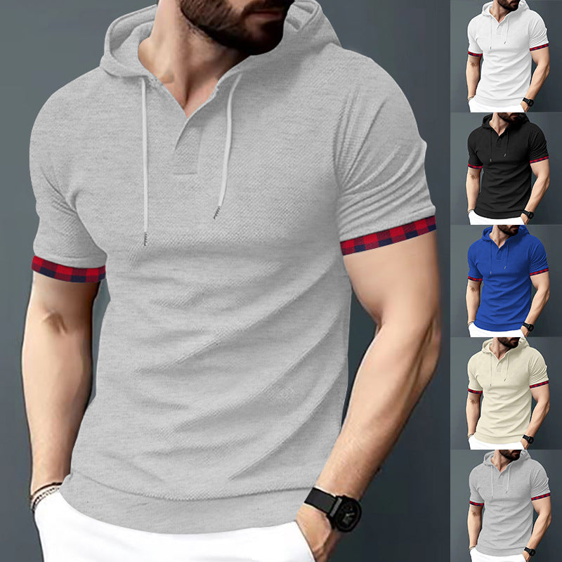 Men's fitted short sleeve hooded polo shirt with Henley placket and drawstring StylebySassy