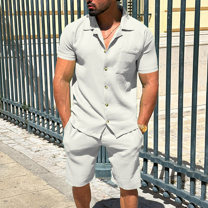 Men's casual two-piece leisure set made of ribbed jersey with shirt collar button placket and shorts StylebySassy