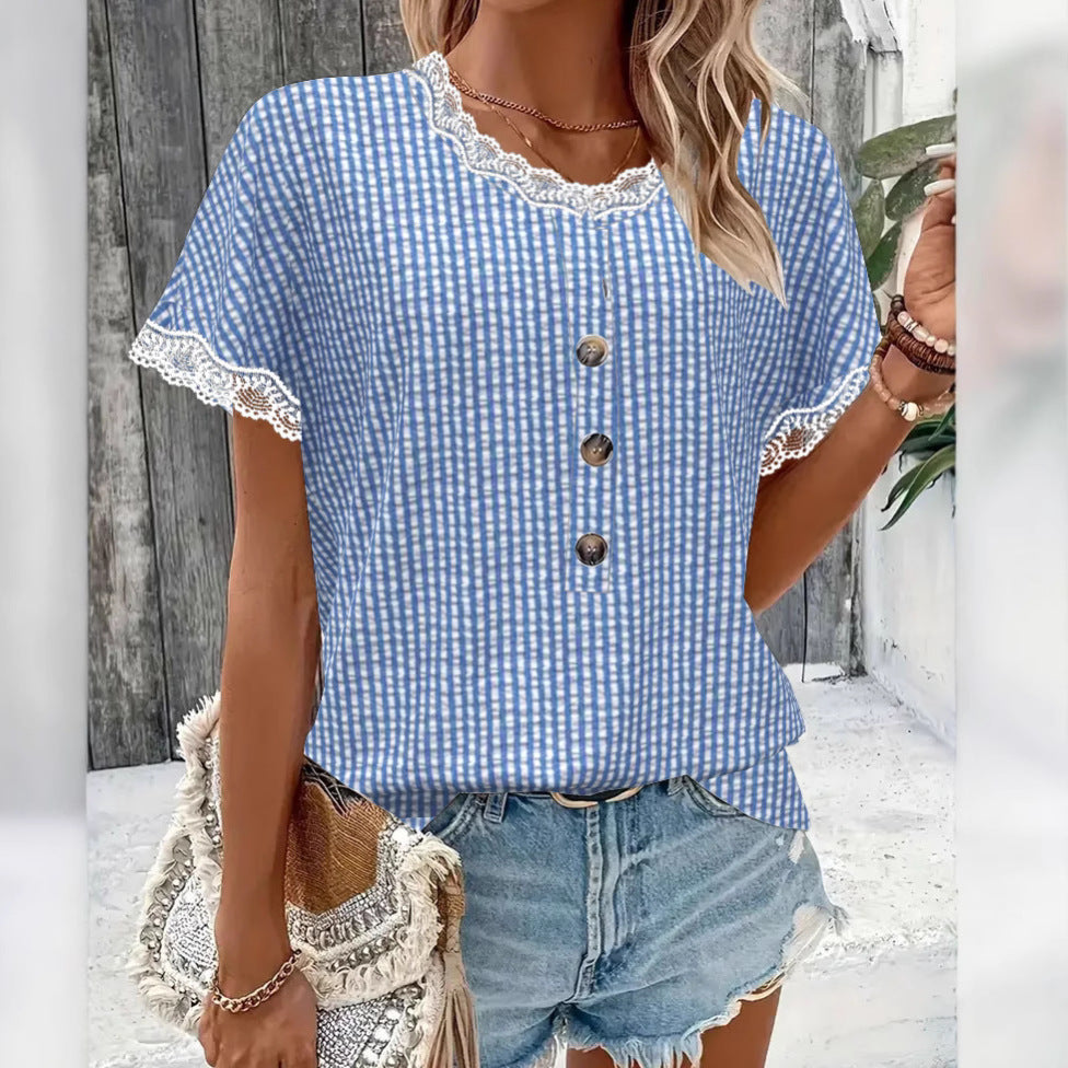 Women's short-sleeved Vichy check blouse with lace trim and decorative button placket StylebySassy