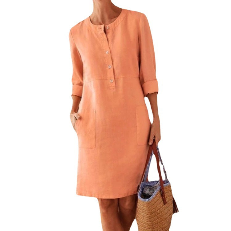 Women’s Lightweight Linen Dress with Practical Pockets and Trendy Button Design StylebySassy