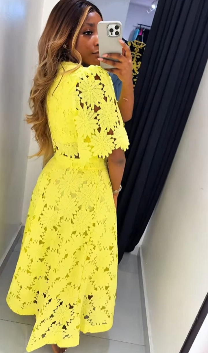 Ladies two-piece guipure lace set with cropped blouse and flared midi skirt StylebySassy