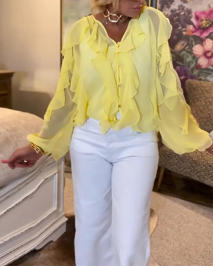 Women's semi-transparent layered ruffle blouse made of chiffon with balloon sleeves and hidden button placket StylebySassy