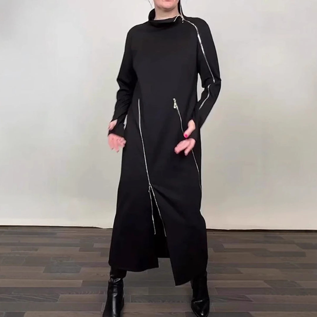 Women's Long Knit Dress with Asymmetric Metal Zippers and Front Slit StylebySassy