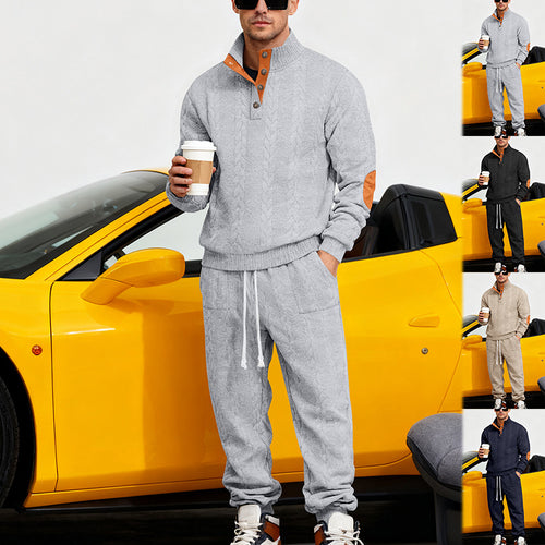 Men's knitted combination of sweater and joggers with cable pattern and elbow patches StylebySassy