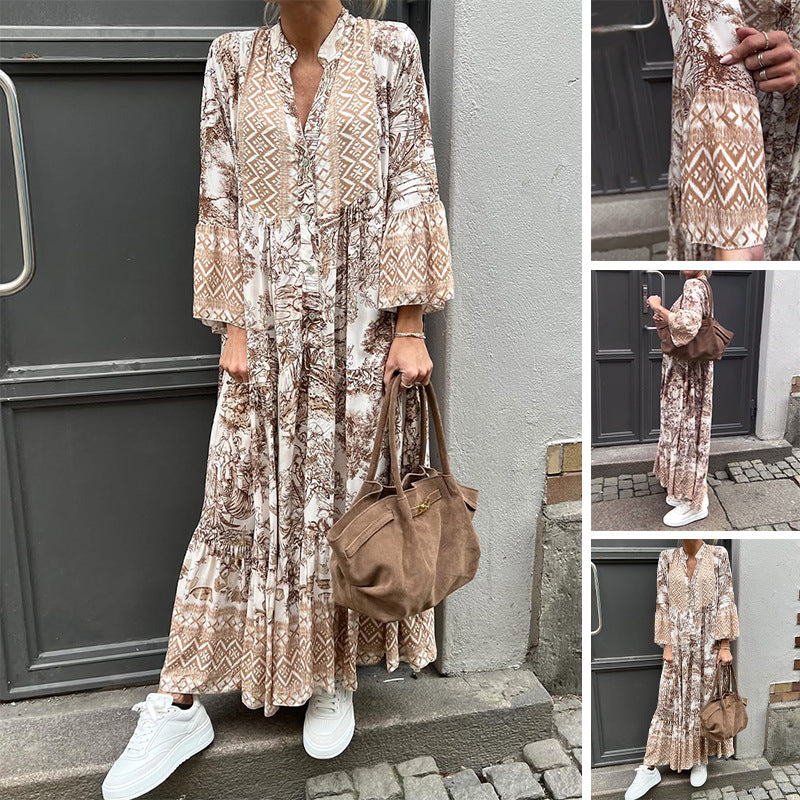 Ladies' tiered maxi dress with ethnic border, stand-up collar, and wide bell sleeves StylebySassy