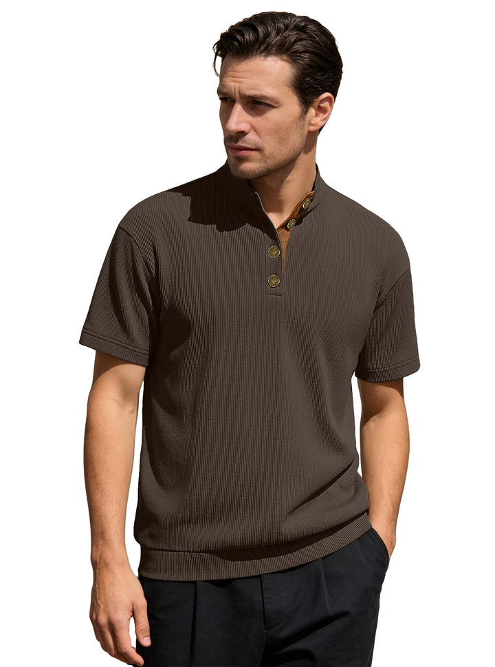 Men's Waffle Structure Short Sleeve Henley with Stand-Up Collar and Decorative Button Placket StylebySassy