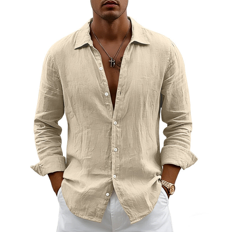 Men's airy relaxed linen shirt with open lapel, rounded hem, and roll-up sleeves StylebySassy