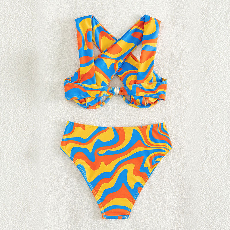 Women's bikini set with innovative racerback design and colorful pattern StylebySassy