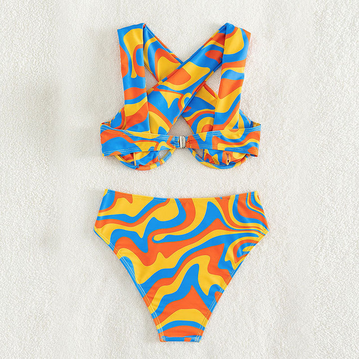 Women's bikini set with innovative racerback design and colorful pattern StylebySassy