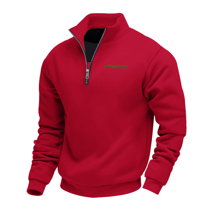 Men's half-zip sweatshirt made of heavy fleece with stand-up collar and concealed chest pocket StylebySassy