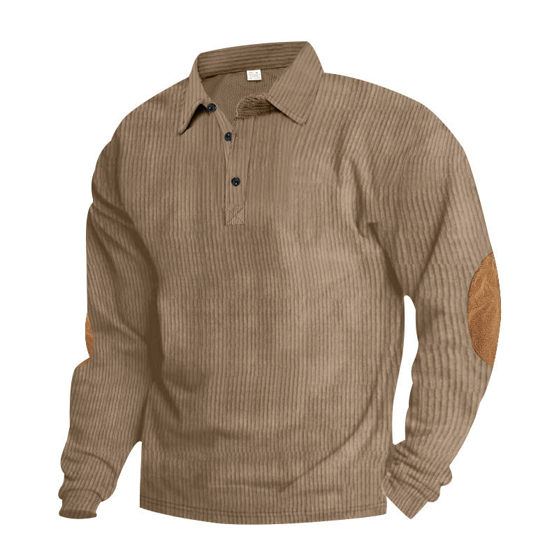 Men's heavy ribbed cotton polo sweater with Kent collar, triple button placket, and suede elbow patches StylebySassy