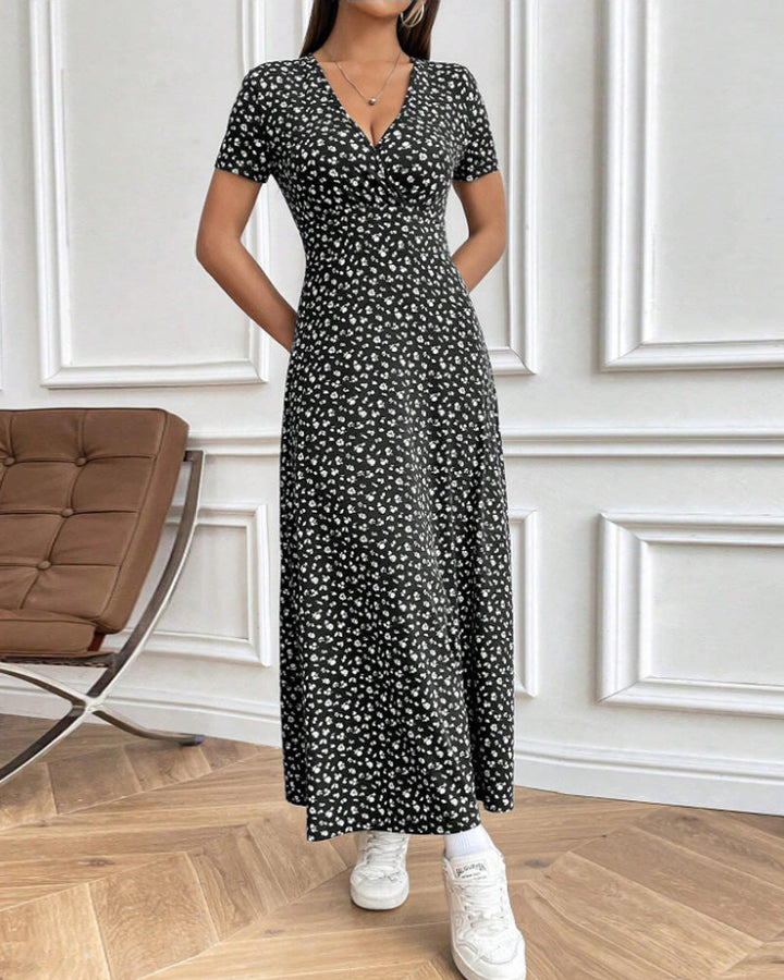 Women nan tailored V-neck wrap maxi dress made of viscose jersey with short sleeves and A-line hem StylebySassy