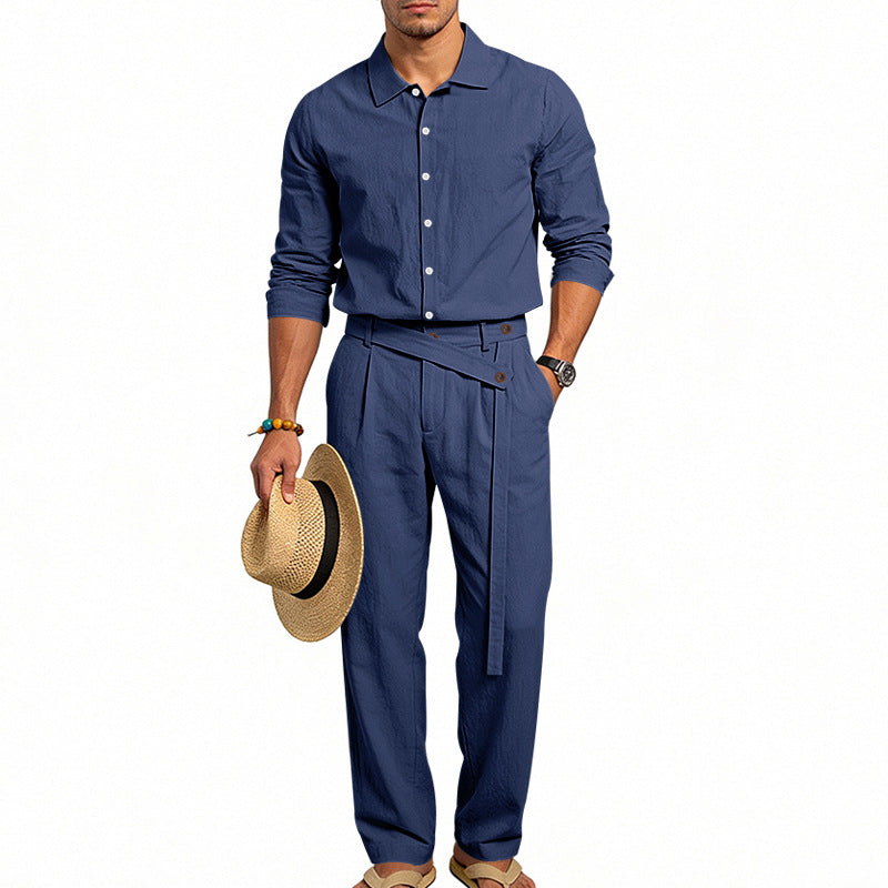 Men's elegant linen two-piece set with shirt and high-waisted pants with tie belt StylebySassy
