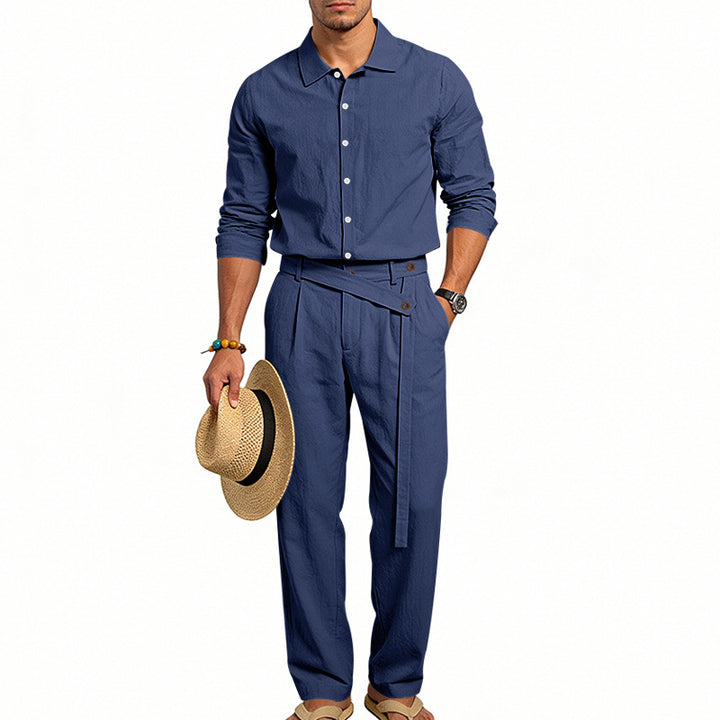 Men's elegant linen two-piece set with shirt and high-waisted pants with tie belt StylebySassy