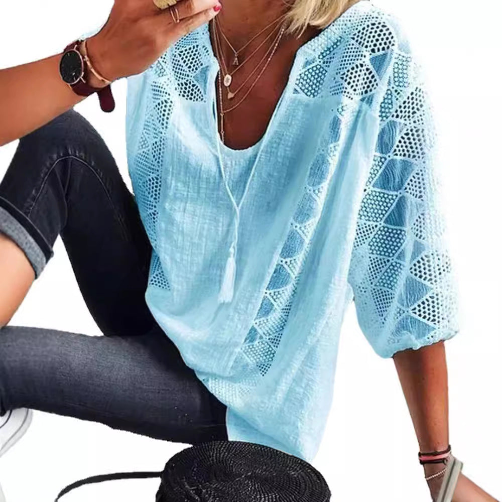 Women's airy crochet blouse with V-neck and balloon sleeves StylebySassy