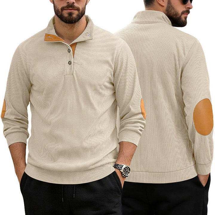 Men's casual structured sweater with polo collar, short button placket and vegan leather trims StylebySassy