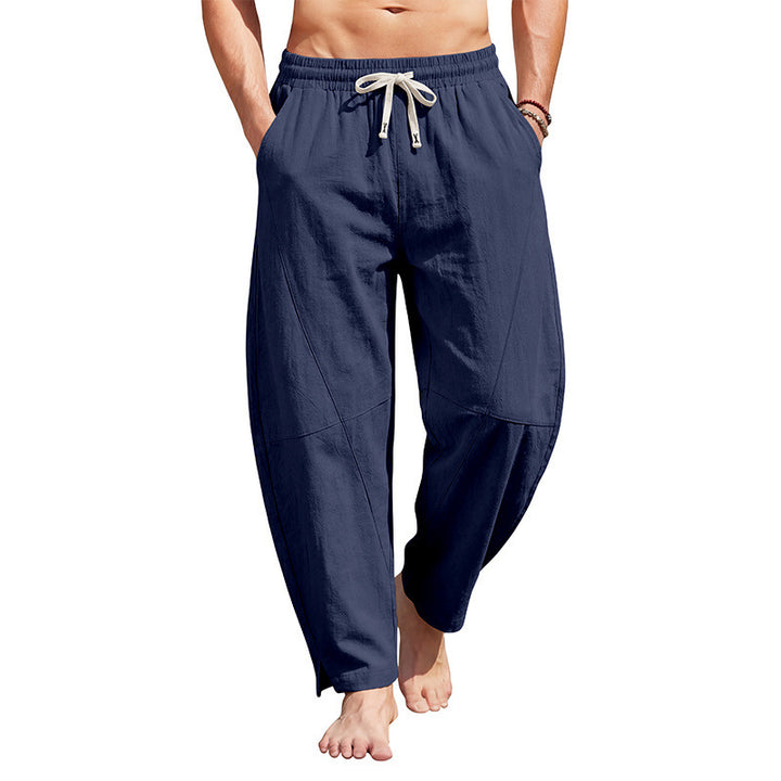 Men's airy comfort summer pants with elastic tunnel drawstring waistband, decorative seams, and side ankle slit StylebySassy