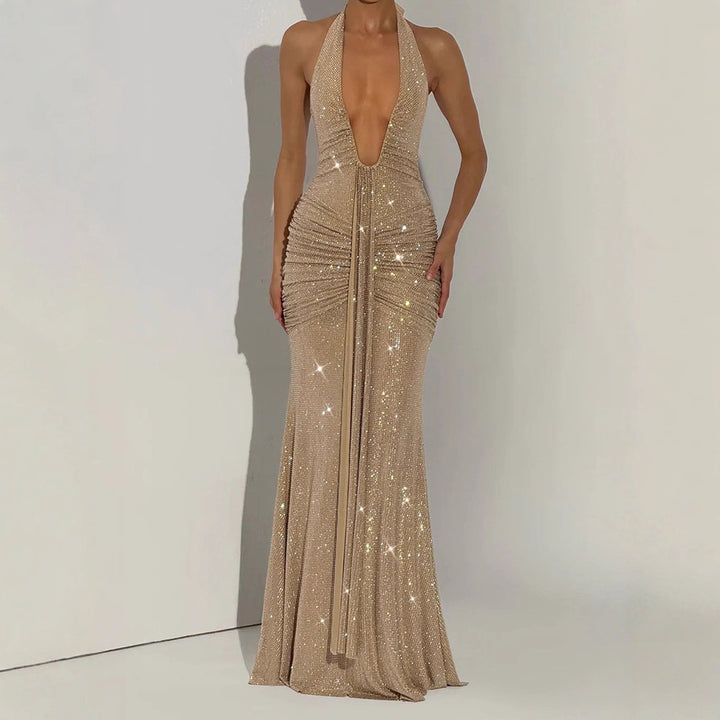Women's Glamorous Evening Dress with Deep V-Neck and Sparkling Details StylebySassy