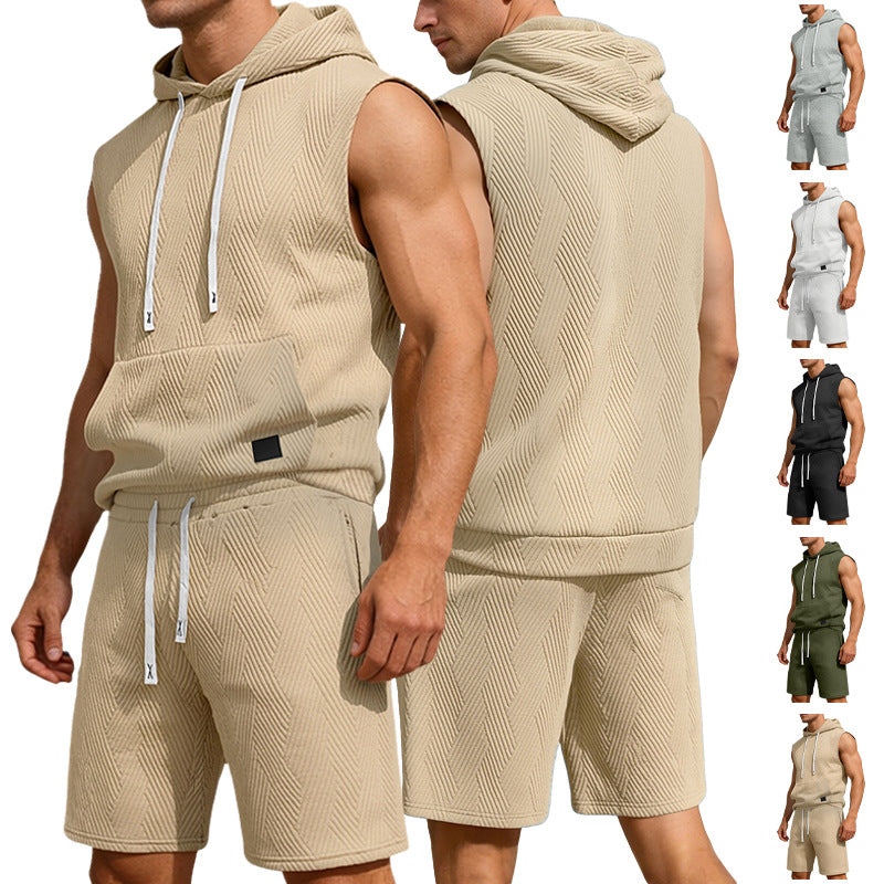 Men's sleeveless hoodie lounge set made of textured cotton blend with kangaroo pocket and elastic leisure pants StylebySassy