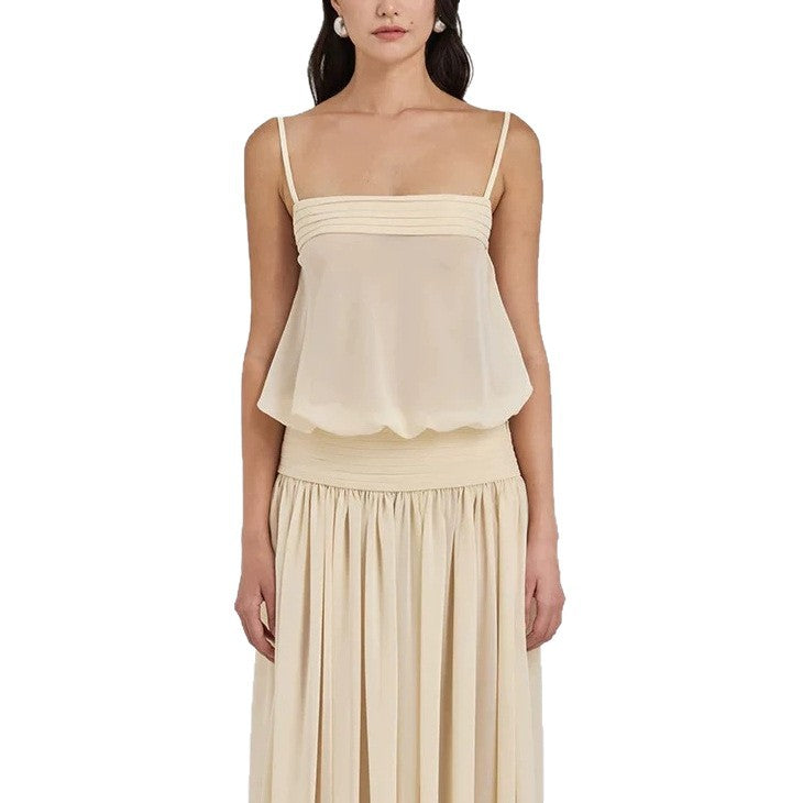 Women's maxi dress with flowing chiffon top and elastic waistband