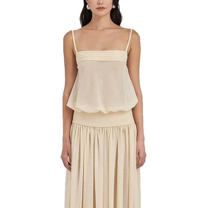 Women's maxi dress with flowing chiffon top and elastic waistband
