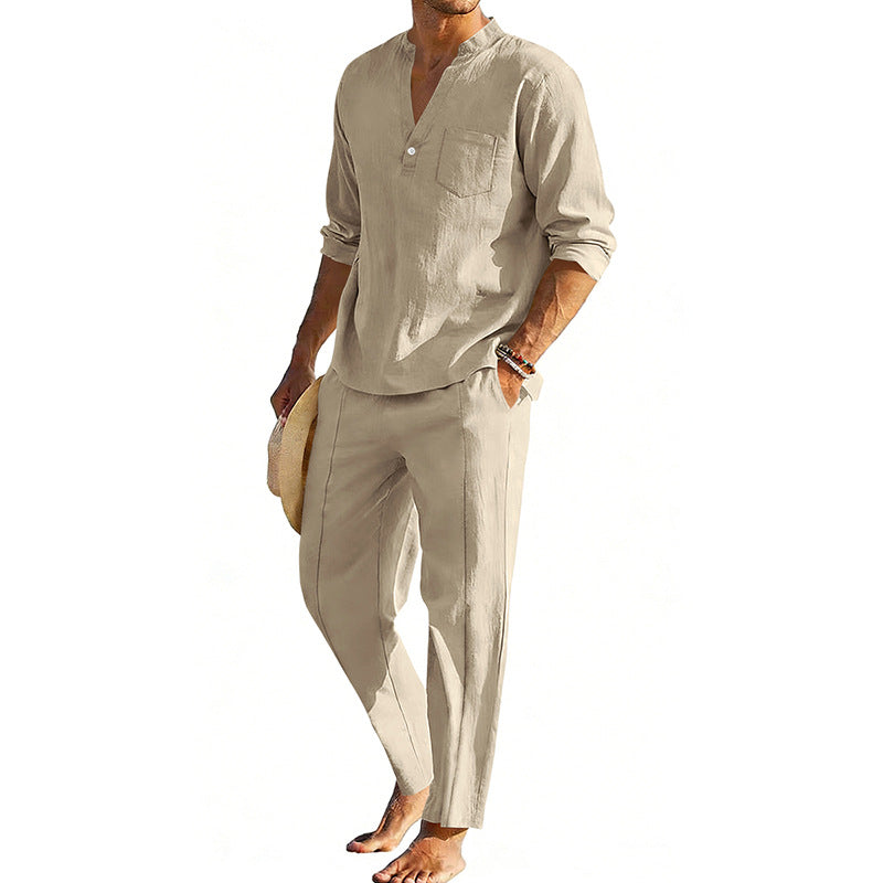 Men's comfortable linen two-piece with stand-up collar shirt and tapered ankle-length pants StylebySassy