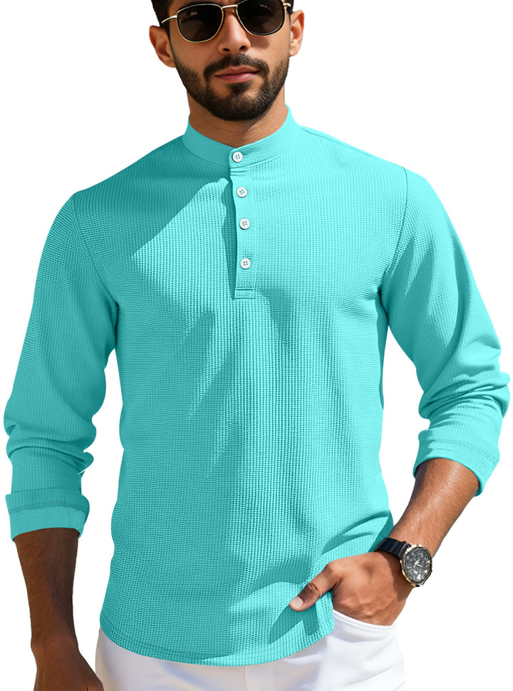 Men's structured long-sleeve henley with Nehru collar and tone-on-tone button placket StylebySassy